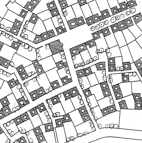A layout plan of a community of houses