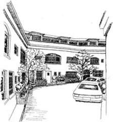 Drawing of a narrow lane between houses