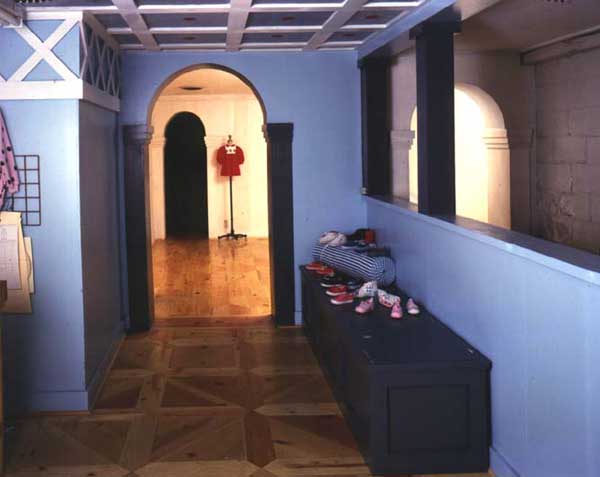 Wooden block floor in multiple geometric shapes, pine blocks, California