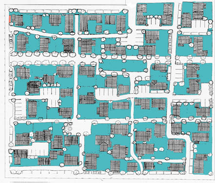 A neighborhood layout showing the network of pedestrian paths