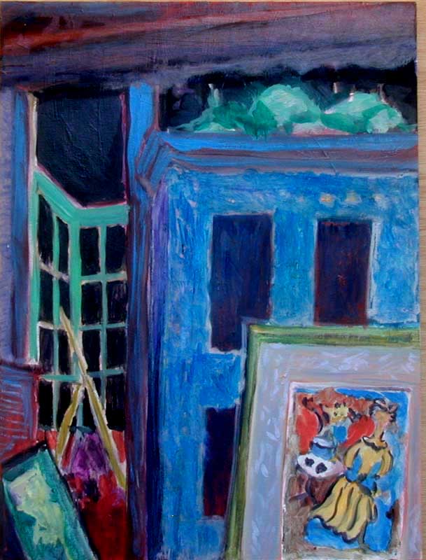 painting of blue cabinet in blue room