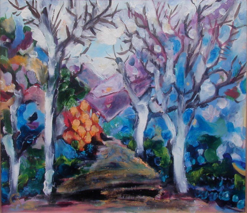 painting of blue trees 