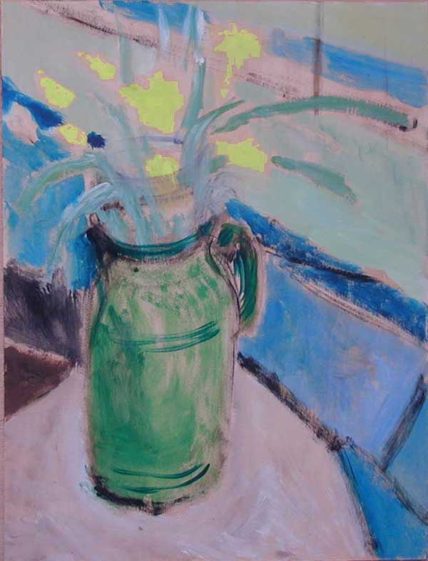 painting of daffodils in green vase