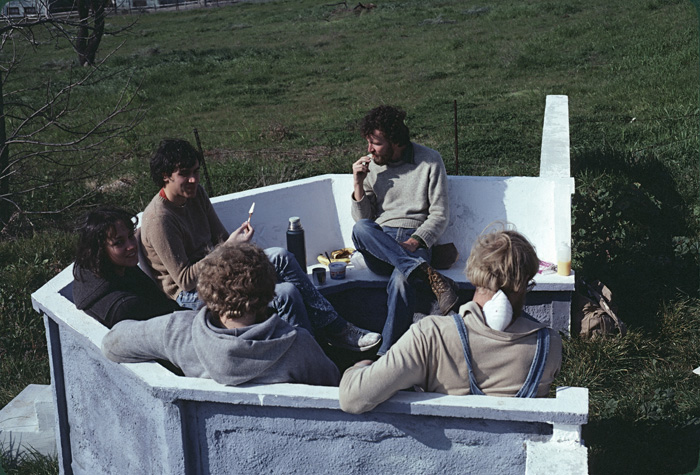 Students on the concrete bench