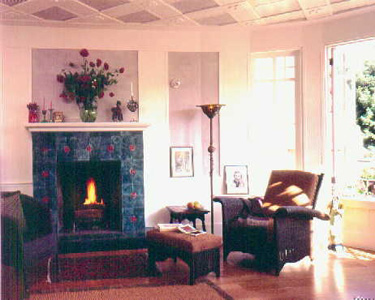 The living room and fireplace